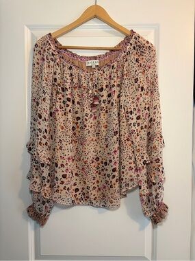 Hale Bob | Cream and Pink Floral Animal Print Peasant Blouse - oversized